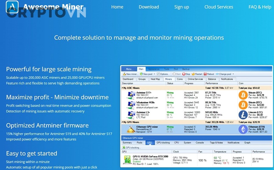 Giao diện thêm miner mới trong Awesome Miner với các options cho Managed, External và ASIC miners