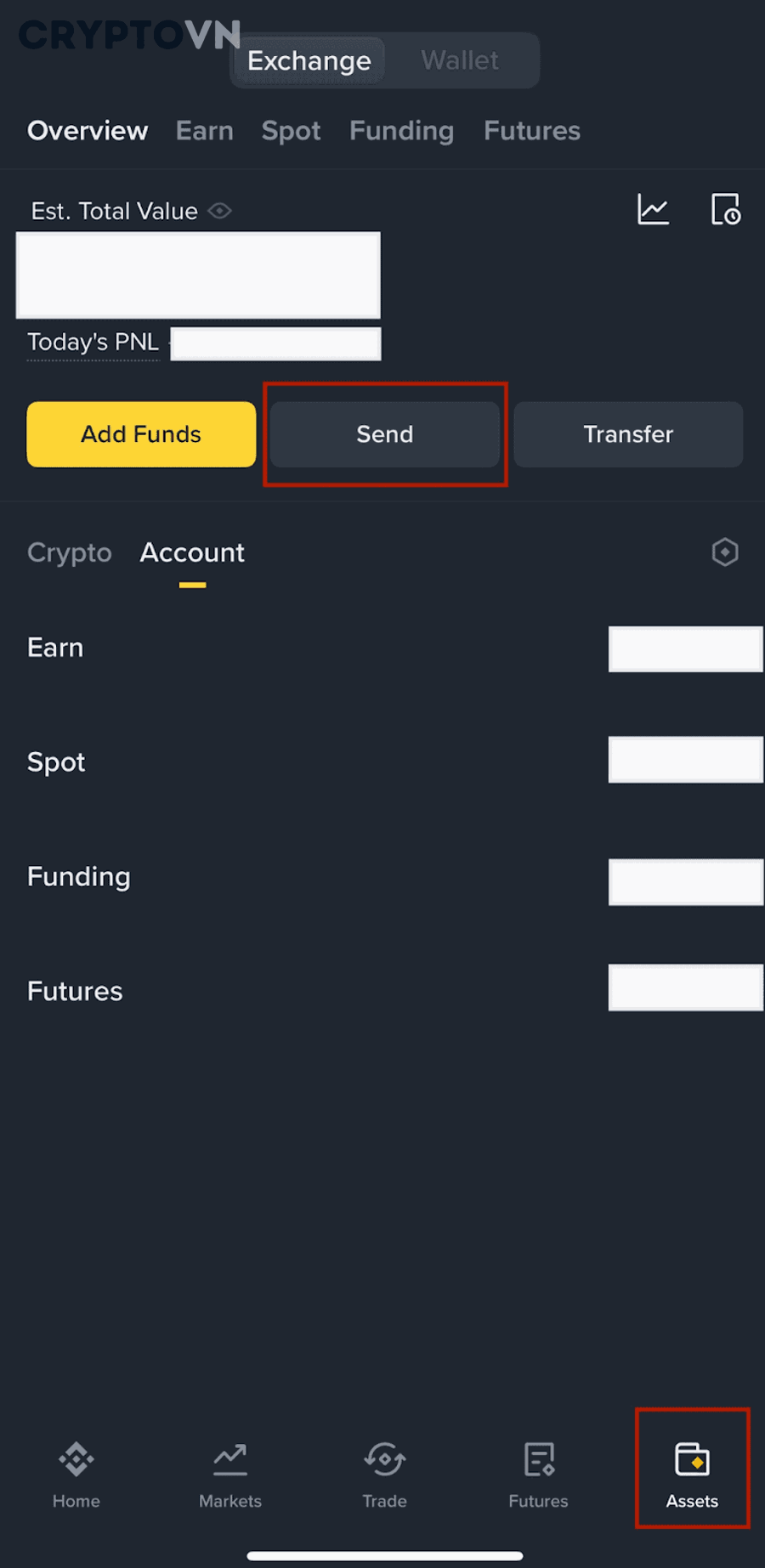 Minh họa vị trí mục Send hoặc Withdraw trong ứng dụng Binance khi rút crypto về ví cá nhân