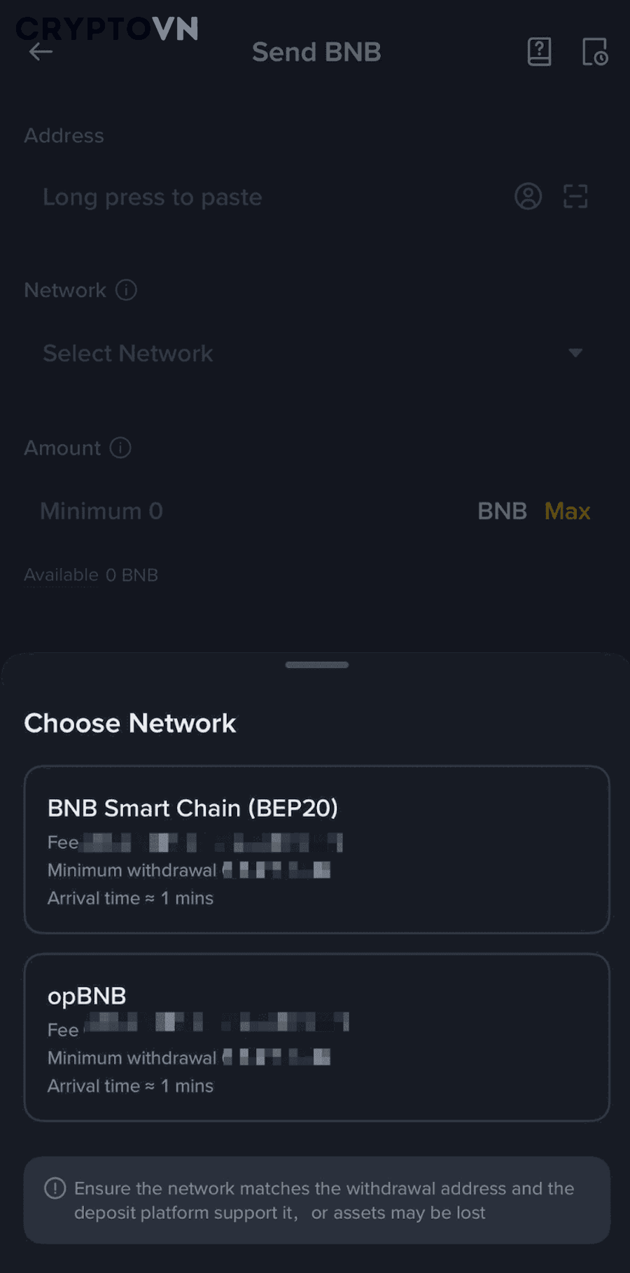 Minh họa màn hình chọn network khi rút crypto trên Binance và so sánh các mạng hỗ trợ