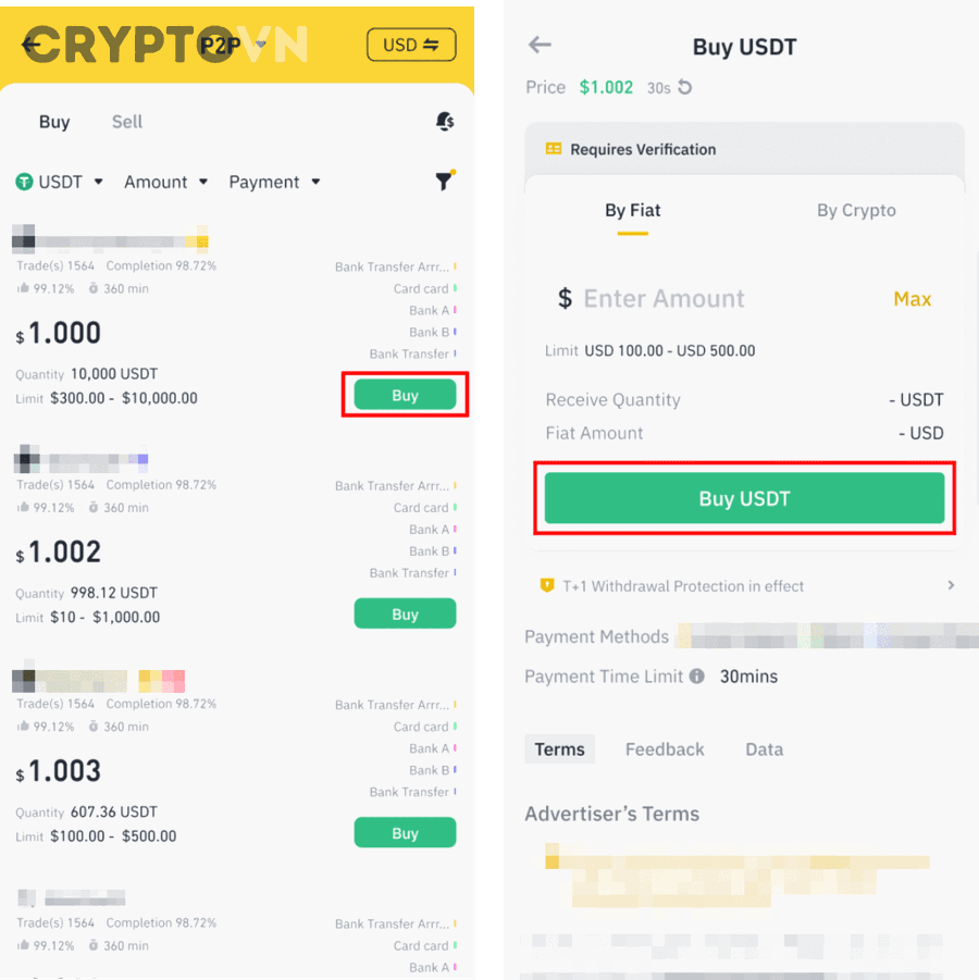 Chuyển khoản ngân hàng để mua USDT cho người mới