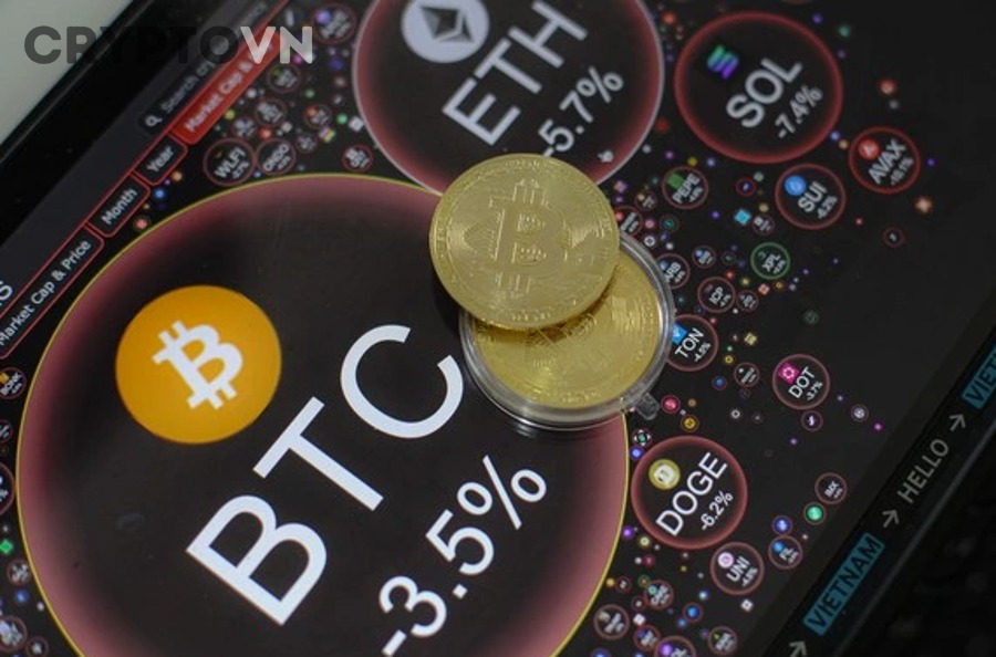 Biểu đồ giá coin và market cap crypto trên màn hình giao dịch